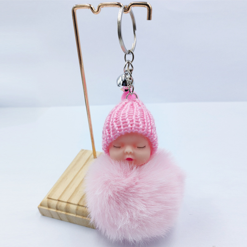 Cute Sleeping Baby Doll Key chain Pompom Rabbit Fur Ball Carabiner Keyring Women Kids Key Holder Bag Pendant 50