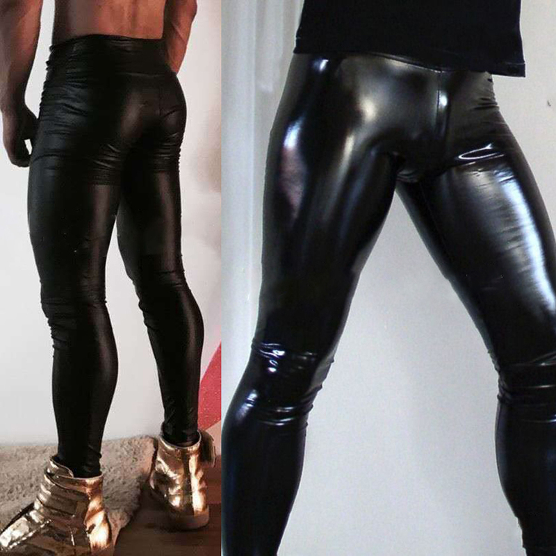 Men's Pants Punk PU Leather Legging Wet Look Skinny Pouch Trousers Clubwear Tight Stretchy Casual Thin Black Sexy 220827