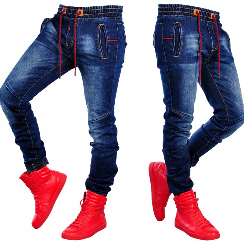 Calças de brim masculinas calças de tamanho grande elástico cintura gravata magro casual clássico azul cintura estiramento joinable moda simples jeans calças 220827