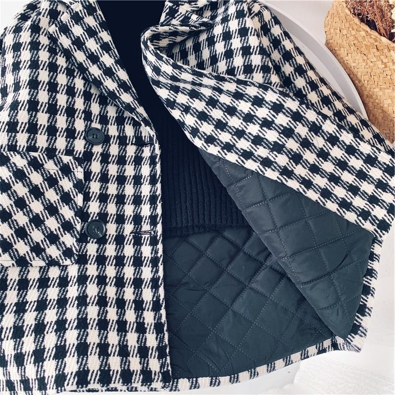 Coat Baby Boy Girl Woolen Plaid Jacket Long Double Breasted Warm Child Lapel Tweed Cotton Padded Outwear Clothes 110Y 220827