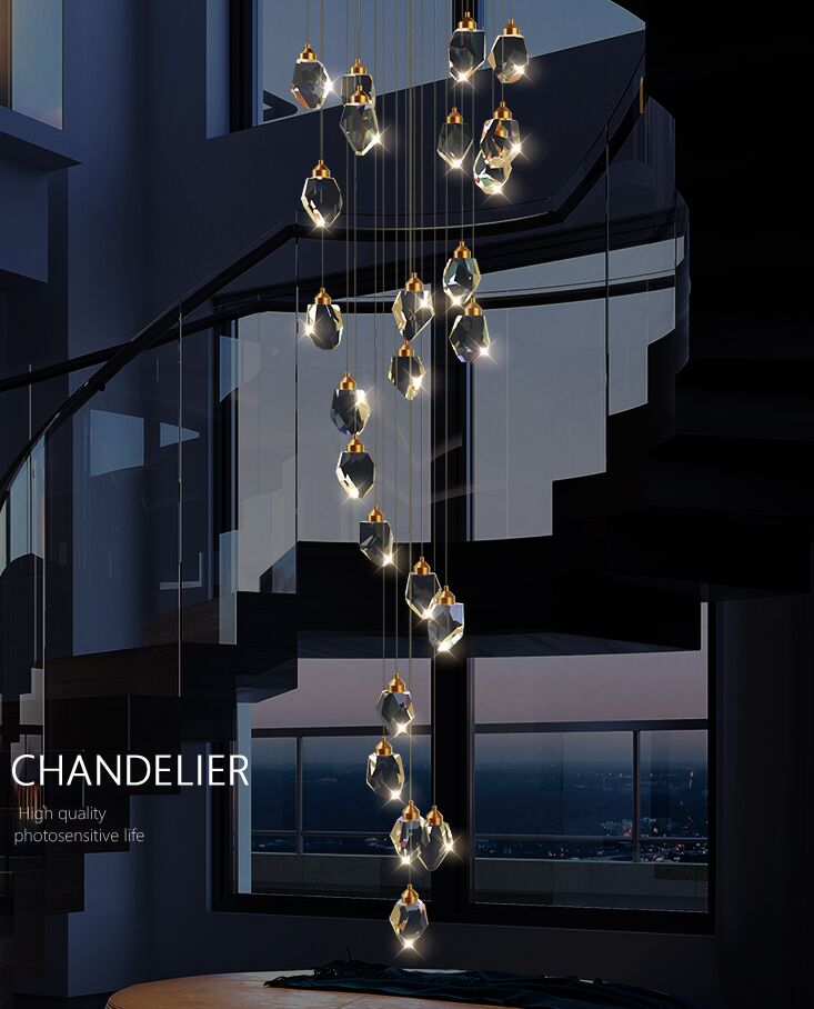 Подвесные лампы в лестничной: длинная алмазная вилла лофта люстра освещения консольной комнаты хрустальный дуплекс здание Большой лед