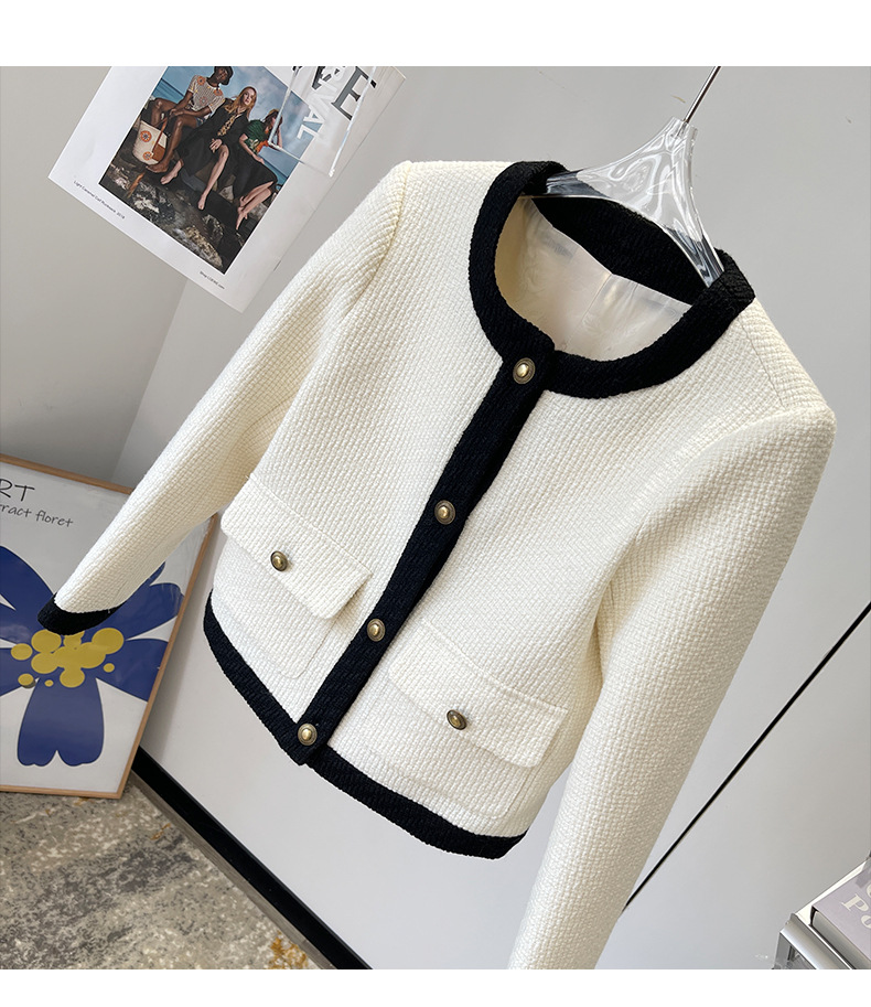 2022 Autumn Round Neck Tweed Panelled Jacket White Black Contrast Color Long Sleeve Single-Breasted Pockets Jackets Coat Short Outwear 22G186241