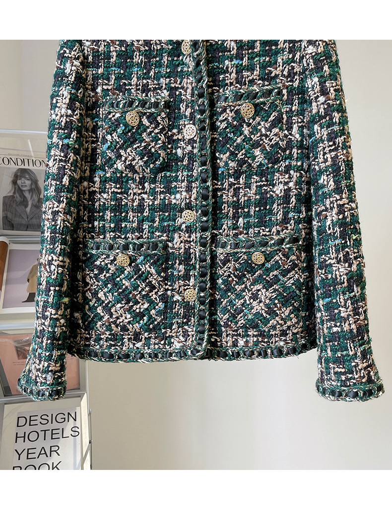 2022 Jaqueta de tweed de tweed de peco redondo de outono color de contraste verde colorido de manga longa com peito de peito de peito único Jackets Coat Short Outwear 22G186093