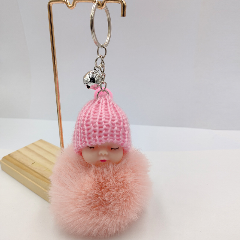 Cute Sleeping Baby Doll Key chain Pompom Rabbit Fur Ball Carabiner Keyring Women Kids Key Holder Bag Pendant 50