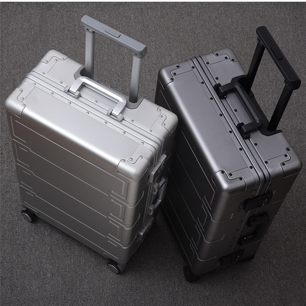 All Aluminum Loy Case Case Metal Travel Saco de mala Rolling Bagage Senha Boarding Box 4 Wheels Universal Bolsa Bola de Neg￳cios de ponta
