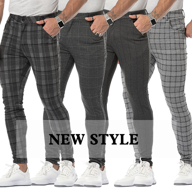 Pantaloni da uomo Casual Uomo Chinos Cotone Slim Fit Uomo Pantaloni Skinny Grigio Caviglia Streetwear Plaid Side Stripe 220827