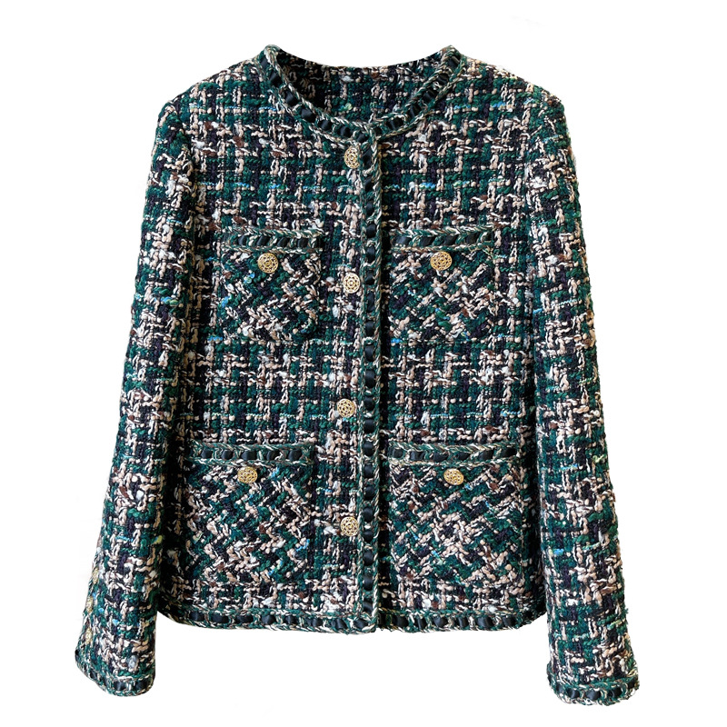 2022 Jaqueta de tweed de tweed de peco redondo de outono color de contraste verde colorido de manga longa com peito de peito de peito único Jackets Coat Short Outwear 22G186093