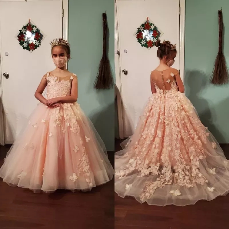2022 Çiçek Kız Elbiseleri Düğünler İçin Kiliz Tül Parti Elbise Çocuklar İçin Kızlar Dantel Aplikler Prenses Balo Elbise Pageant MC2300 GB0827
