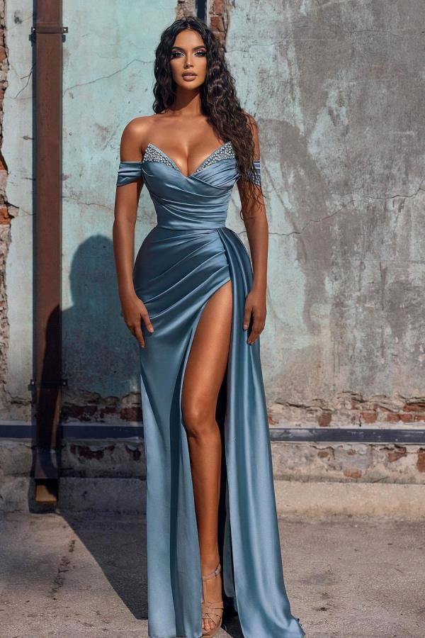 Blue Prom Dress Sexy off-shoulder formele avondfeestjurk High Size Split Satin Brdemaid-jurken op maat gemaakt