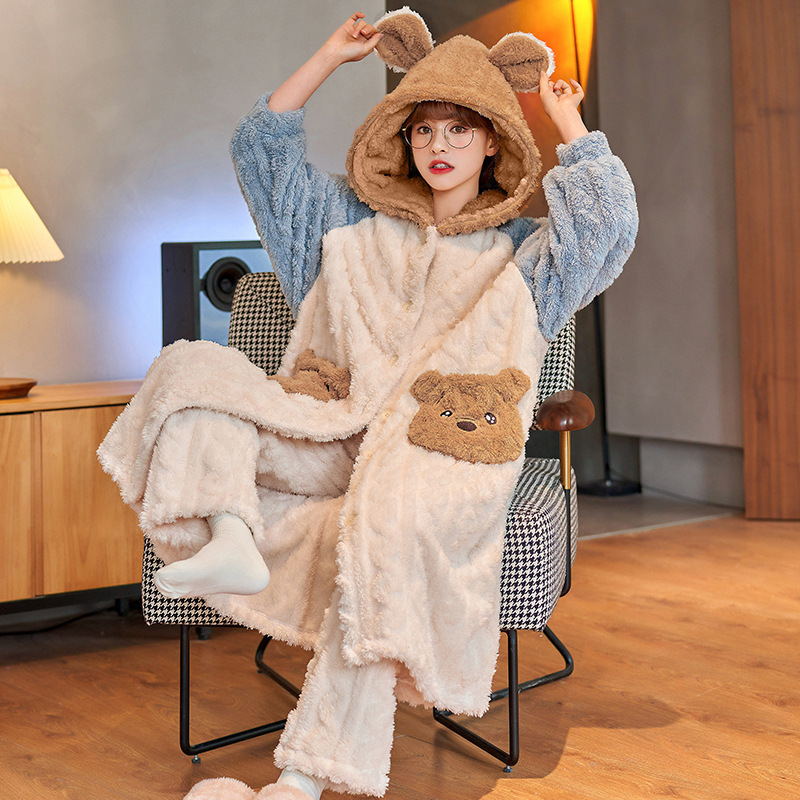 Women's Sleep Lounge Thick Winter Pajamas For Women Cartoon Sleepwear Robe Pants Set Jacquard Weave Bath Robe Homewear PJ Sets Flannel Kawaii 220827