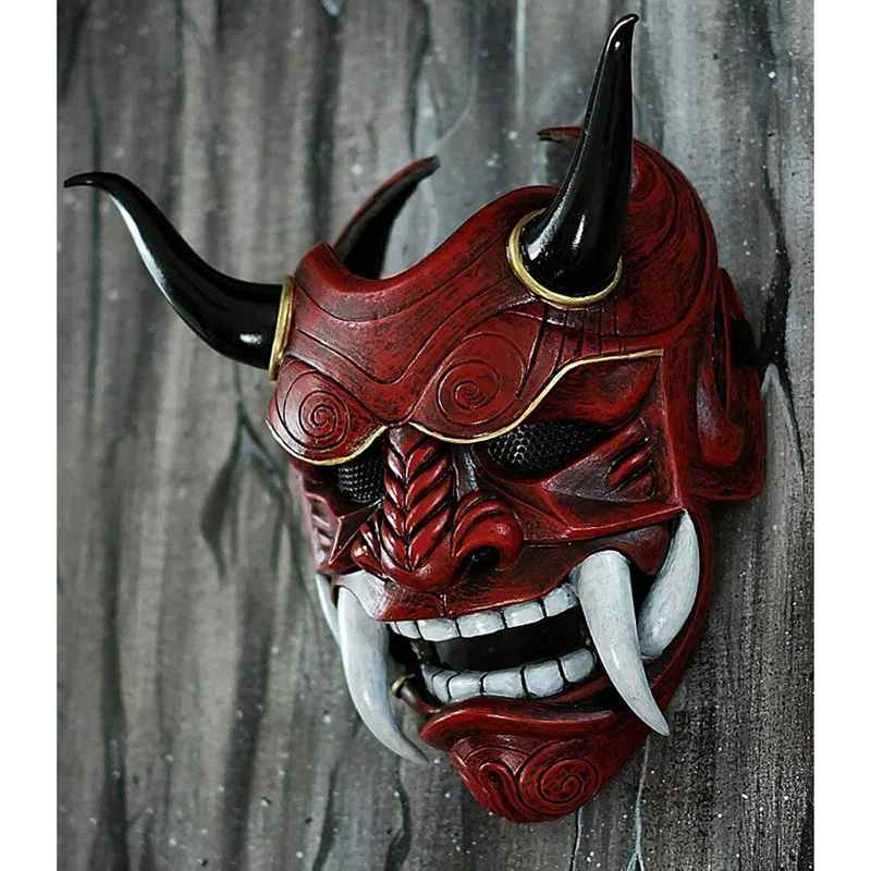 Parti Maskeleri Cadılar Bayramı Yüz Hannya Demon Oni Samurai Noh Kabuki Kırmızı Prajna İnek Şeytan Lateks Yetişkin Unisex Halat Boynuzları ile 220826