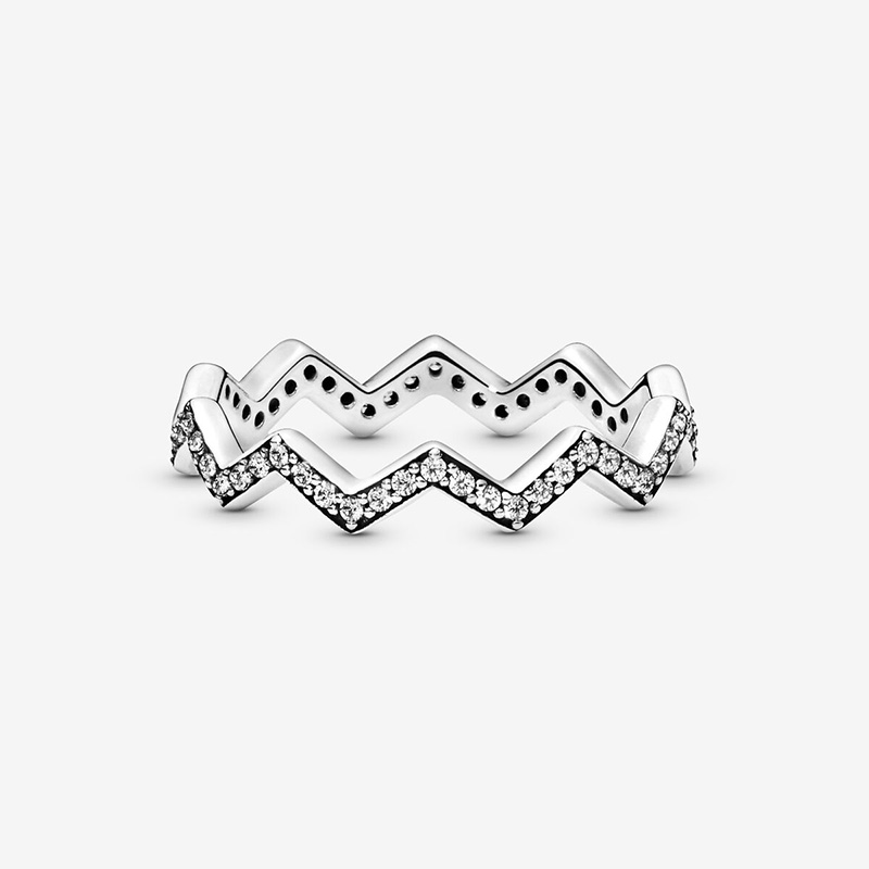 Kadın Erkek Pırıltılı Zigzag Yüzük 925 Ayar Gümüş Tam CZ elmas Düğün Takı pandora kız arkadaşı Için Hediye Yüzükler ile Orijinal Kutusu Set