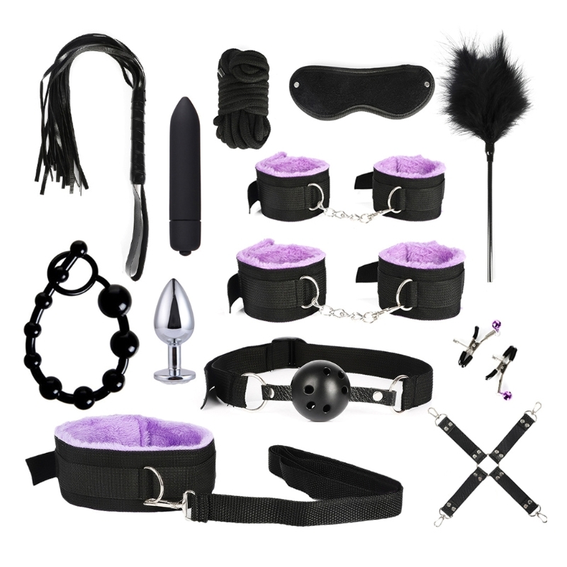 Beauty Items RXJD 13 Stück BDSM Zurückhaltung Fetisch Kragen Handschellen Bondage Peitsche Vibrator Nippelklammern Perlen Butt Plug Mundknebel Kit Sexy Spielzeug für Erwachsene