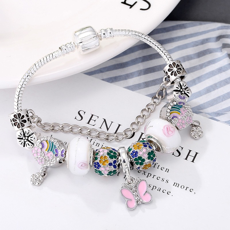 Mode Cherry Blossom Charm Bracelets 925 Sterling Silver Murano Glass European Charm Beads Fits Bracelets Bowknot Pink Butterfly Dangle DIY Jewelry