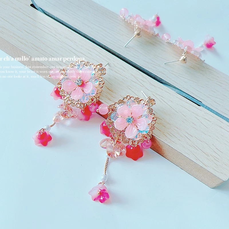 Baumeln Kronleuchter Neue Koreanische Stil Rosa Lila Blume Baumeln Ohrringe für Frauen Braut Strass Lange Quaste Niedlichen Ohrring Süßer Schmuck