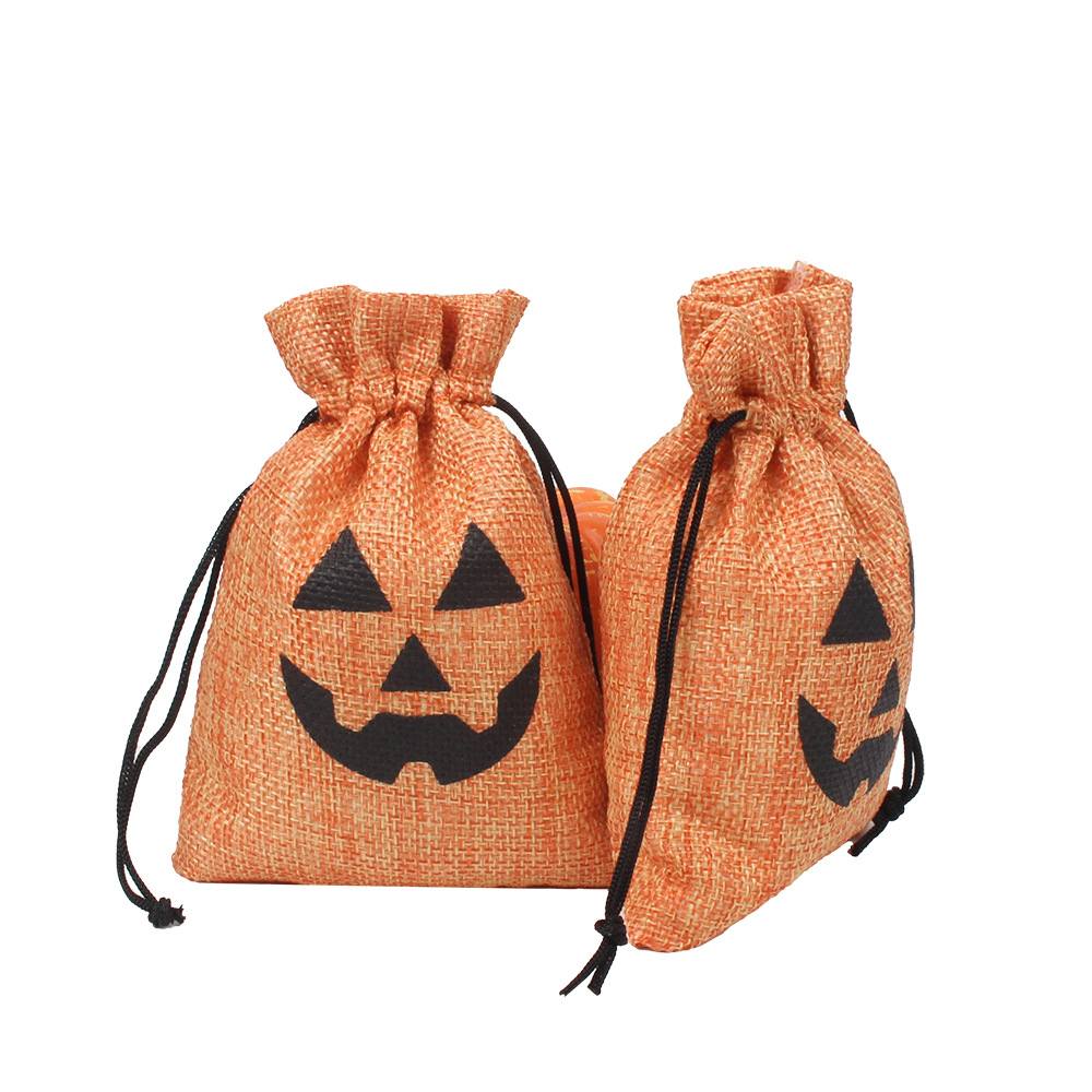 Halloween Party Treat Bag Drawstring Linen Candy Bags Pumpkin Pattern Snack Biscuits Packing Kids Birthday Party Goodie Pouch