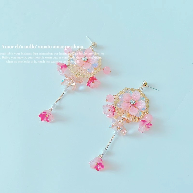 Baumeln Kronleuchter Neue Koreanische Stil Rosa Lila Blume Baumeln Ohrringe für Frauen Braut Strass Lange Quaste Niedlichen Ohrring Süßer Schmuck