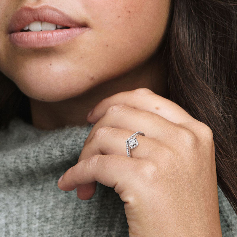 Damen-Quadrat-Glanz-Wishbone-Ring aus echtem 925er-Sterlingsilber, Hochzeitsschmuck für Pandora-CZ-Diamant-Freundin, Geschenk-Liebhaber-Ringe mit Originalverpackung
