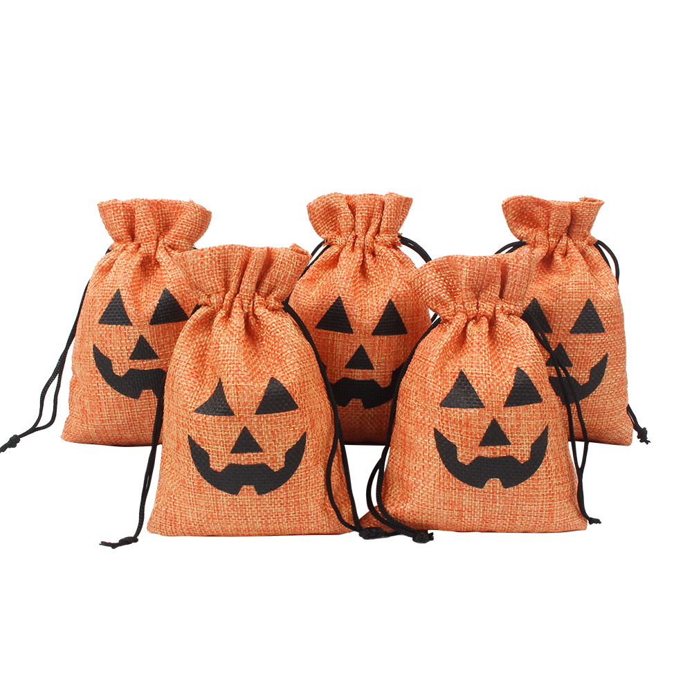 Halloween Party Treat Bag Drawstring Linen Candy Bags Pumpkin Pattern Snack Biscuits Packing Kids Birthday Party Goodie Pouch