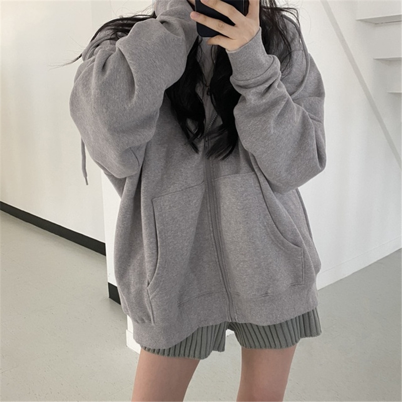 Frauen Hoodies Koreanische Version Zip Up Lose Übergroßen Sweatshirts Casual Einfarbig Langarm Mit Kapuze Sweatshirt Mäntel