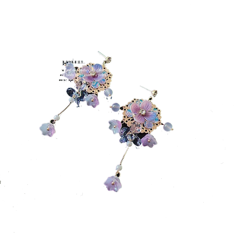 Baumeln Kronleuchter Neue Koreanische Stil Rosa Lila Blume Baumeln Ohrringe für Frauen Braut Strass Lange Quaste Niedlichen Ohrring Süßer Schmuck