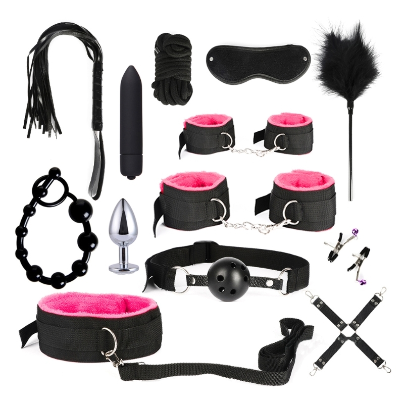 Beauty Items RXJD 13 Stück BDSM Zurückhaltung Fetisch Kragen Handschellen Bondage Peitsche Vibrator Nippelklammern Perlen Butt Plug Mundknebel Kit Sexy Spielzeug für Erwachsene