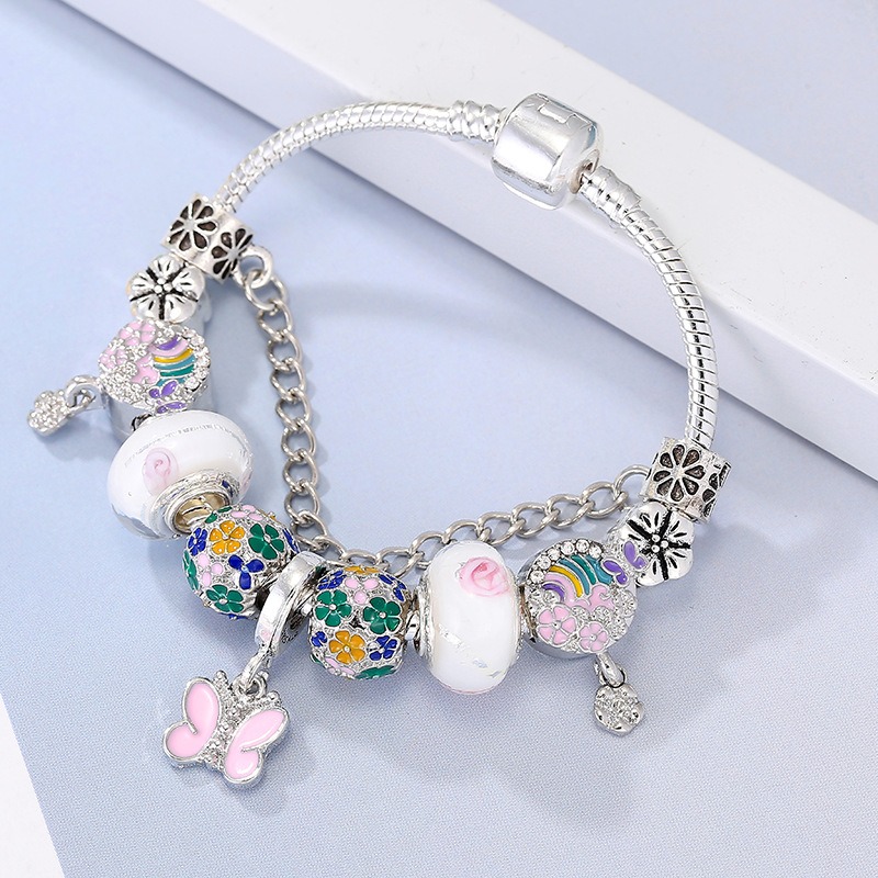 Mode Cherry Blossom Charm Bracelets 925 Sterling Silver Murano Glass European Charm Beads Fits Bracelets Bowknot Pink Butterfly Dangle DIY Jewelry