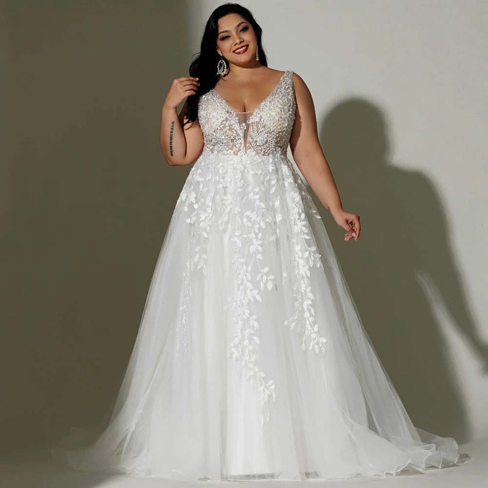 Abito da sposa Boho taglie forti 2022 le donne Abito da sposa senza maniche con scollo a V e linea ad A, senza schienale