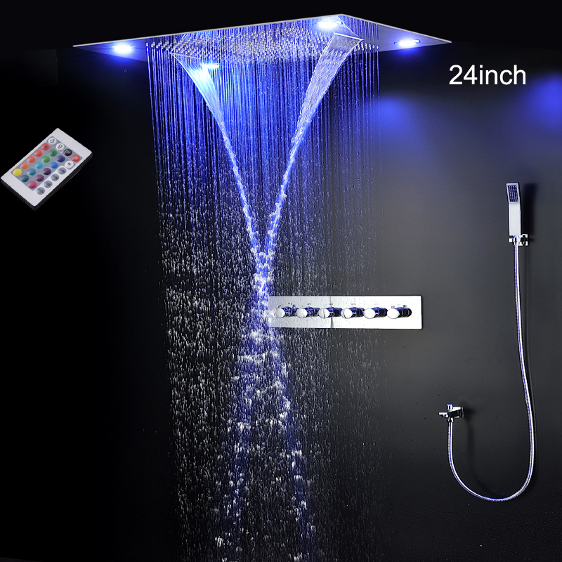 2022 Luxury LED Shower Set Large Bathroom 4 Functions Ceiling Showerhead Thermostatic Mixer Faucets 24Inch Bath Waterfall Rain System Tap