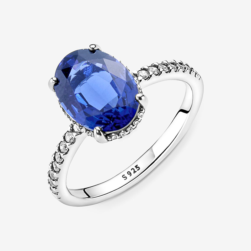 NEW Sparkling Statement Halo Ring Women 925 Sterling Silver Blue gemstone Wedding designer Jewelry For CZ diamond Rings Set with Original Box7354056