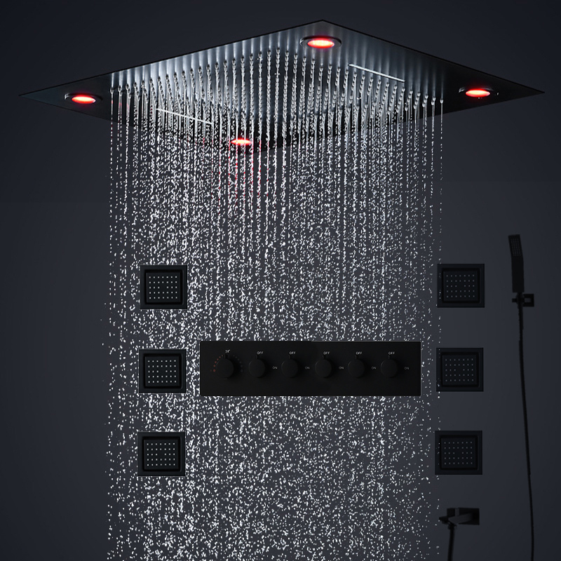 2022 Luxury LED Shower Set Bathroom 24Inch Large Waterfall Rain ShowerHead Faucets Thermostatic Valve Mixer Bath Black Tap