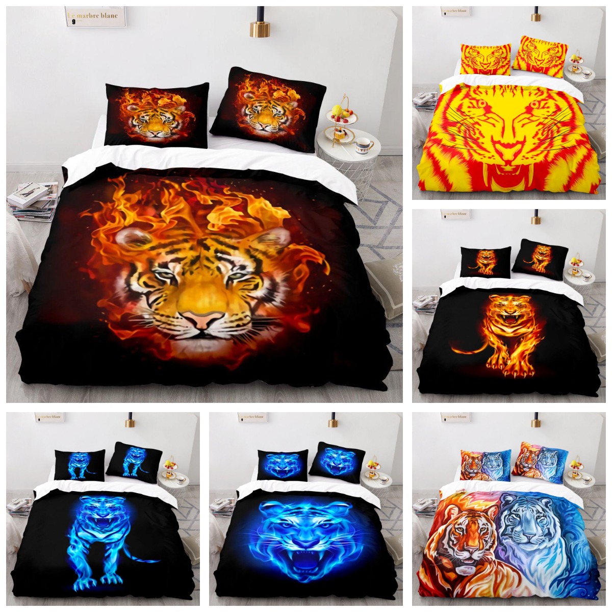 3D Duvet Cover Sets Fire Tiger Super Soft Polyester Quilt Cover with Pillowcase Bedding Set