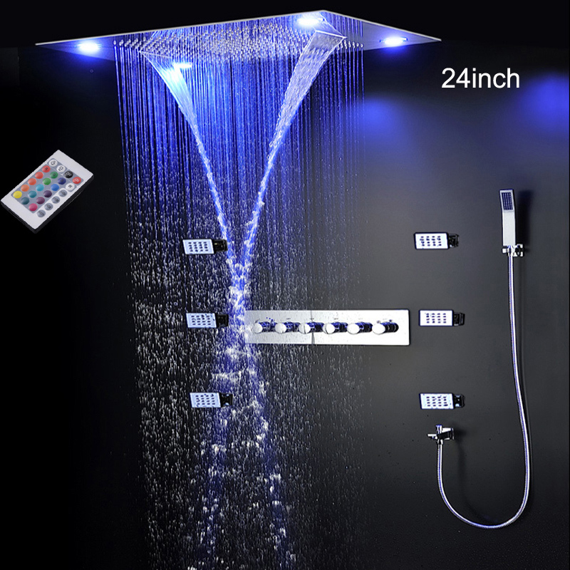 Ensemble de douche thermostatique de salle de bains de haute qualité 24 pouces plafond pluie cascade LED panneau de tête de douche avec ensemble de robinets de jet de corps de massage