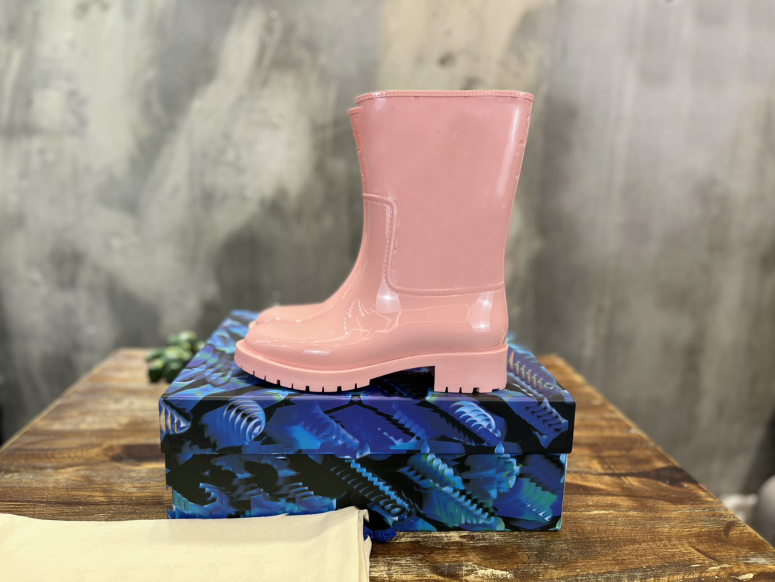 Drops Flat Half Boot Designer Women Rubber Waterproof Mid Boots Embossed Fashion Floral Rain Booties Top-Quality Size 35-41