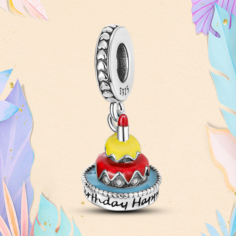 Charms in argento 925 con perline Pandora Bracciale con ciondoli Happy Birthday Cake Candela Charm Charmes di compleanno ciondoli Gioielli con perline fini fai-da-te