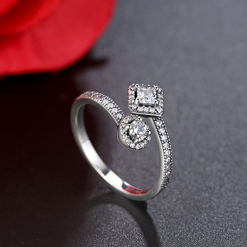 Diamante CZ quadrato e rotondo Anello aperto Gioielli da sposa in argento sterling da donna anelli regalo fidanzata pandora con scatola originale