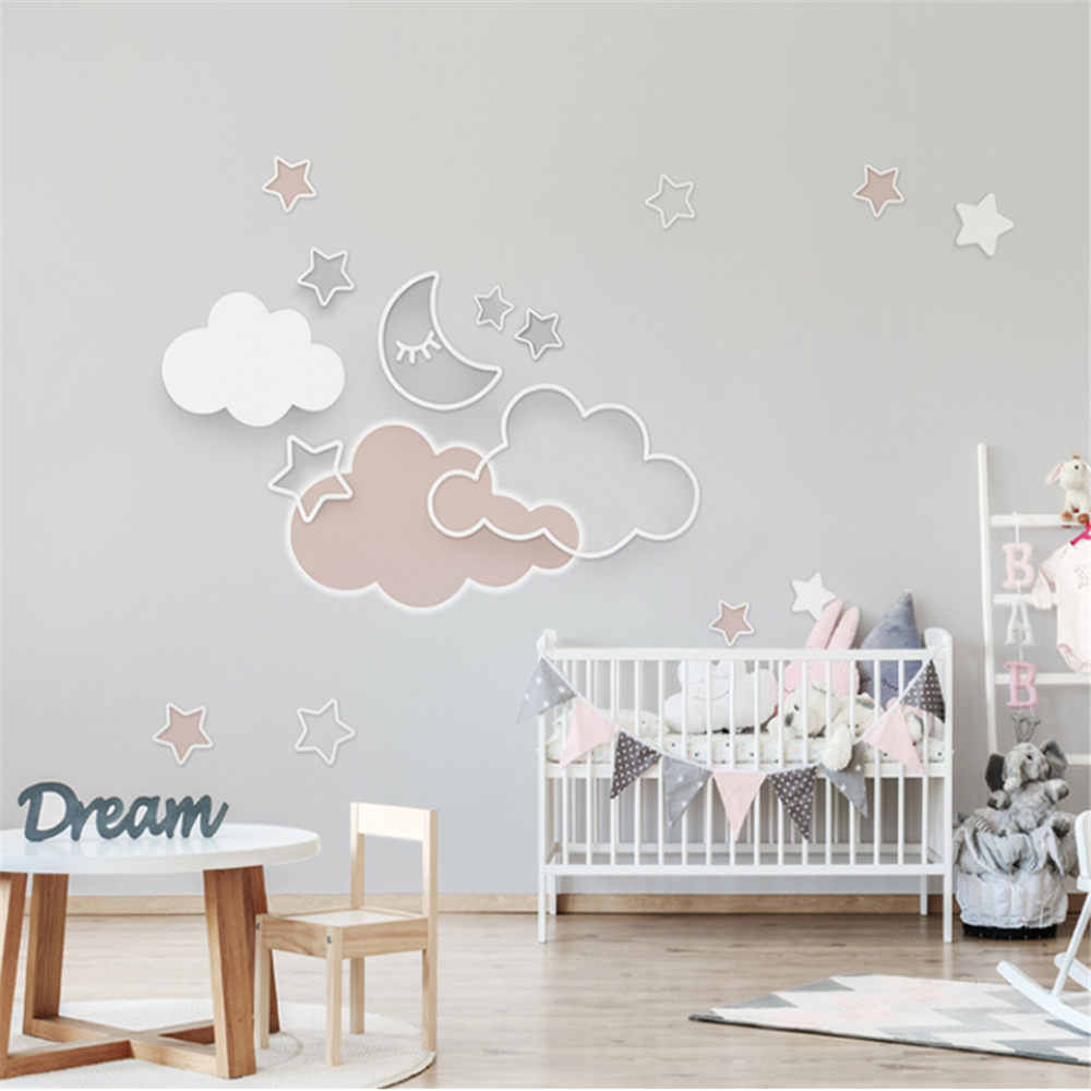 Children's room wallpaper girl princess pink cartoon clouds bedroom gray blue background wall