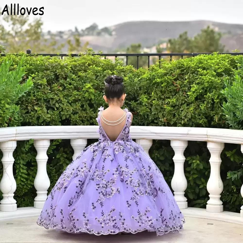 Фиолетовая тюль принцесса цветочница платья для свадебных 3d цветочных кружев