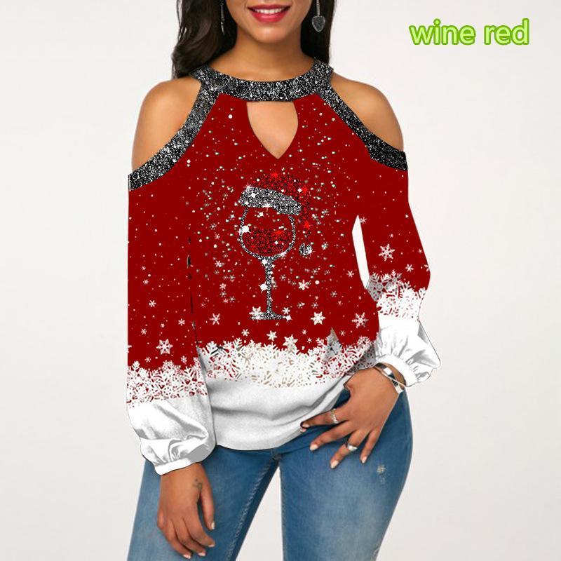 Womens T Shirt SNAKE YX Christmas Day Print Off Shoulder Halter Long Sleeve Loose Top T Shirt 220829