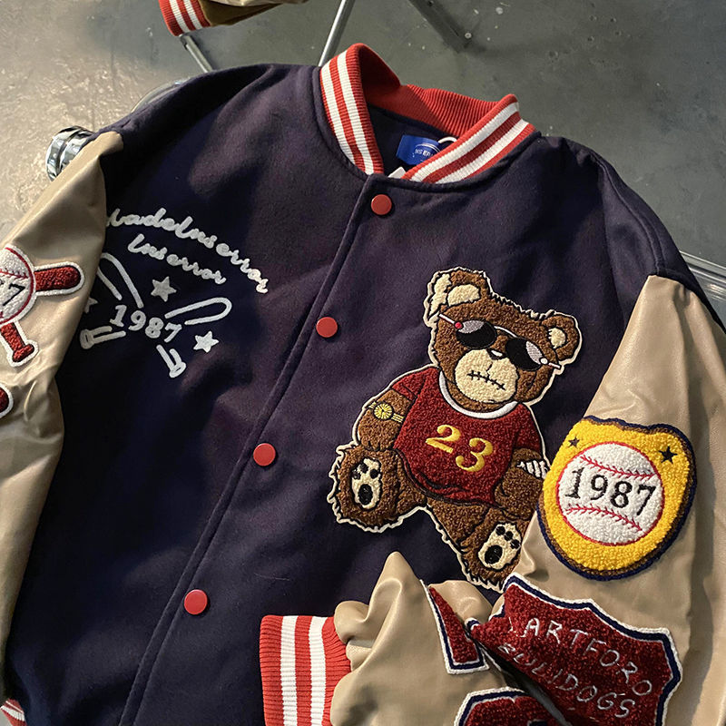 Herrjackor retro björn broderade baseball uniform män och kvinnor inser vår lös par gata jacka bomber jacka traf 220829