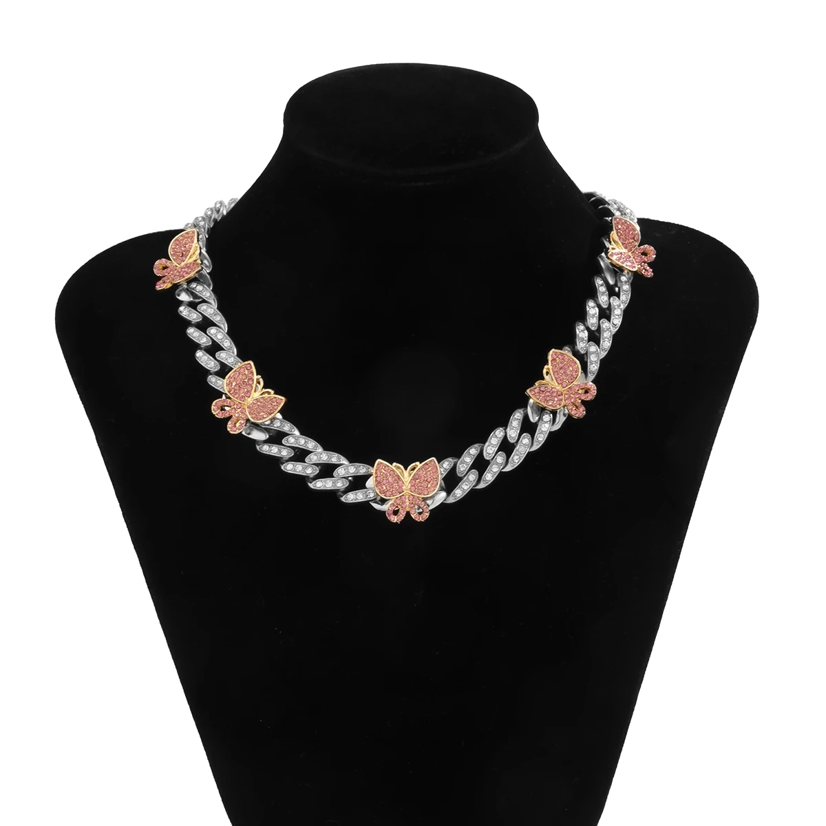 CHOKER RETRO RINESTONE PINK BUTTERFLY Ожерелье для женщин -ключица Цепочка панк -кубинская цепная инкрустация