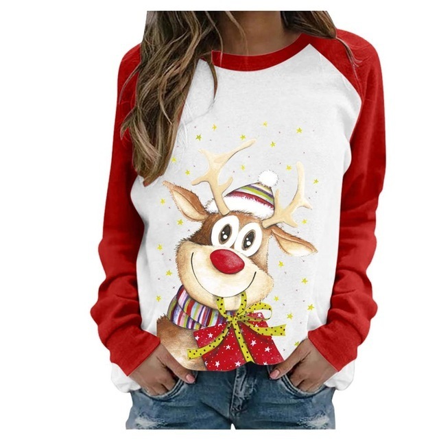 Camiseta feminina engraçada elk fofinho impressão de manga longa Mulheres de Natal T harajuku s2xl algodão mulher t camisetas odética gráfica feminina 220829