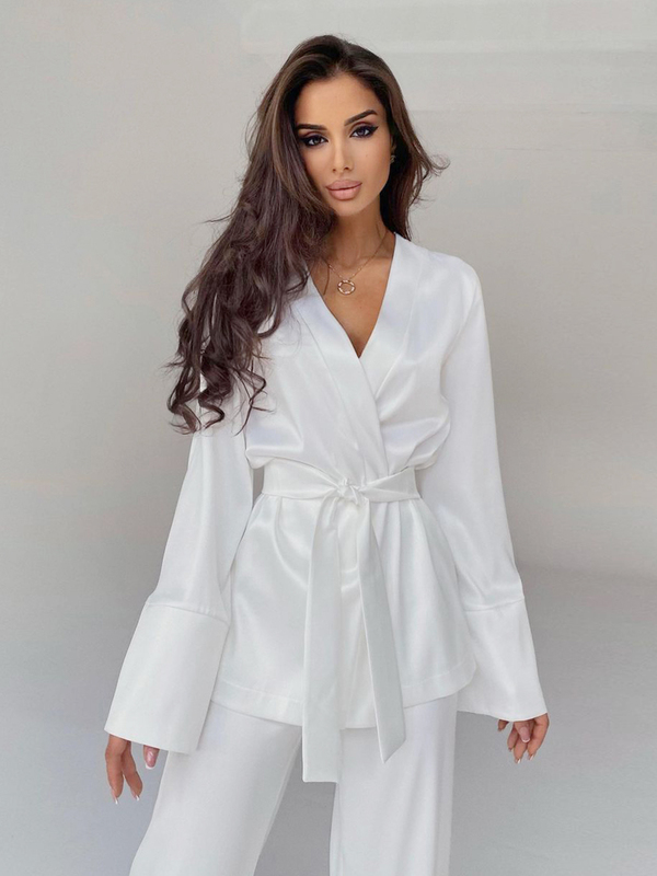 Women's Sleep Lounge Solid Color Pyjamas for Women Robe Set Hela ￤rmar Kvinnors hemkl￤derbyxor Satin Nightgowns Spring Loungewear 220827