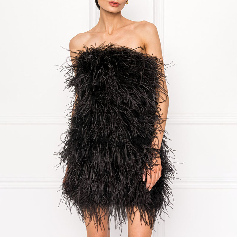 Casual Dresses Elegant 100% Ostrich Feather Mini Cocktail Sexig stropplös Short Prom Dress Wedding Birthday Födelsedagsklänningar S4082 220829