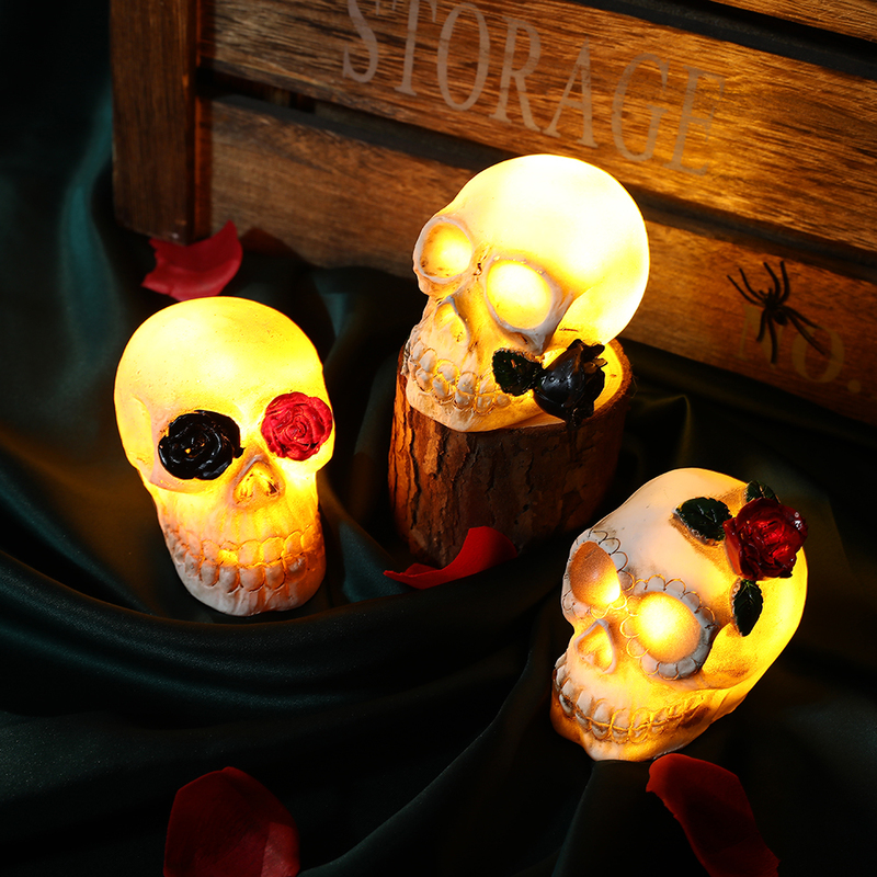 Other Event Party Supplies Halloween Glowing Skull Lights Resin Skeleton Head Statue With Rose Halloween Horror Party Home Bar Decorations Gothic LED Lamp 220829