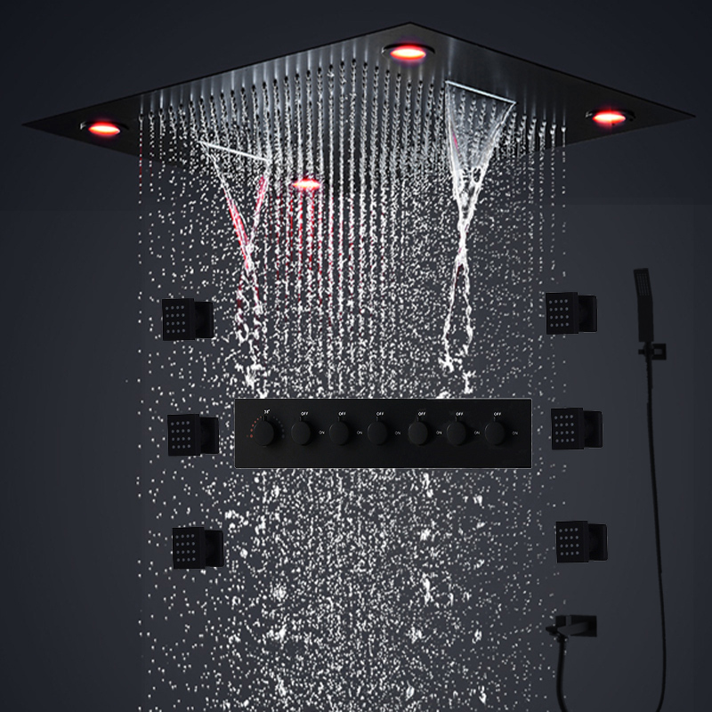 2022 Banheiro de luxo Conjunto de chuveiro preto Ceilling Painel de chuveiro LED de 24 polegadas Cachoeira torneiras de spray de chuva com sistema de jatos corporais