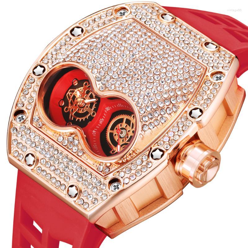 Relógios de pulso Pintime Original Luxo Full Diamond Iced Out Watch Bling-Ed Rose Gold Case Vermelho Silicone Strap Quartz Relógio para Men240P