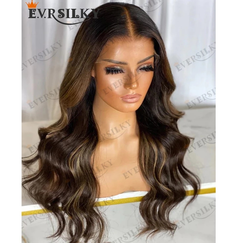 Glueless Middle Full Lace Human Hair Wigs 200Density Highlight Brown Natural Hairline Pre Plucked 13x6 Laces Front Wigs