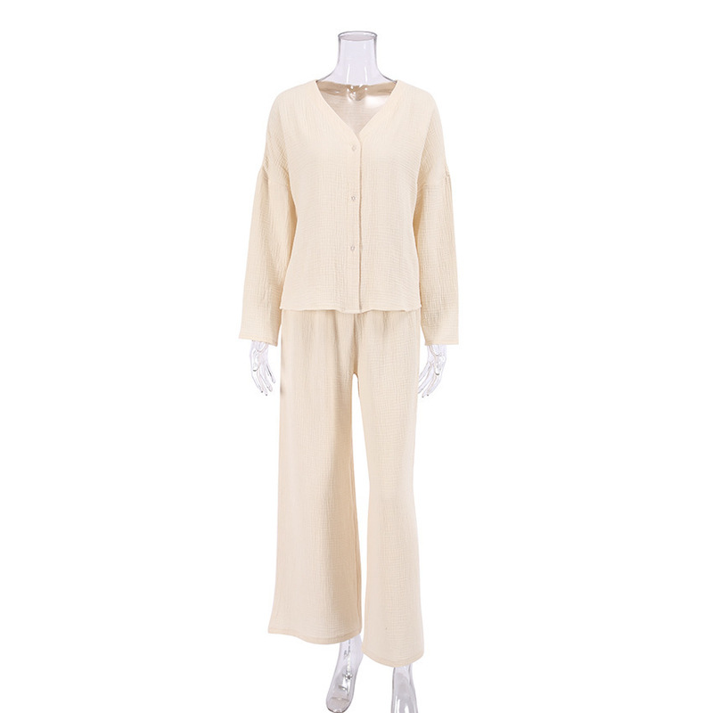 Lounge do sono feminino Khaki Pure Cotton Sleepwear Vescura de pescoço de calça de perna larga de pedestres