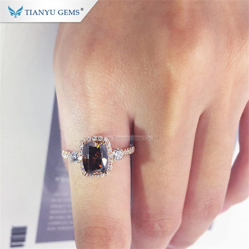 Wedding Rings Tianyu Gems 6x8mm Elongated Cushion Champagne Halo 14k 18k Rose Gold DEF Diamonds Women Engagement Ring 2208265261580